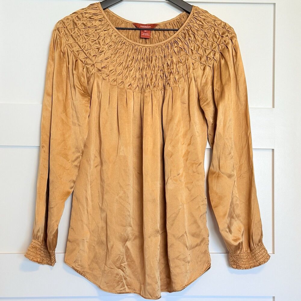 Sundance Women's Long Sleeve Smocked Collar & Relaxed Gold Blouse Size S